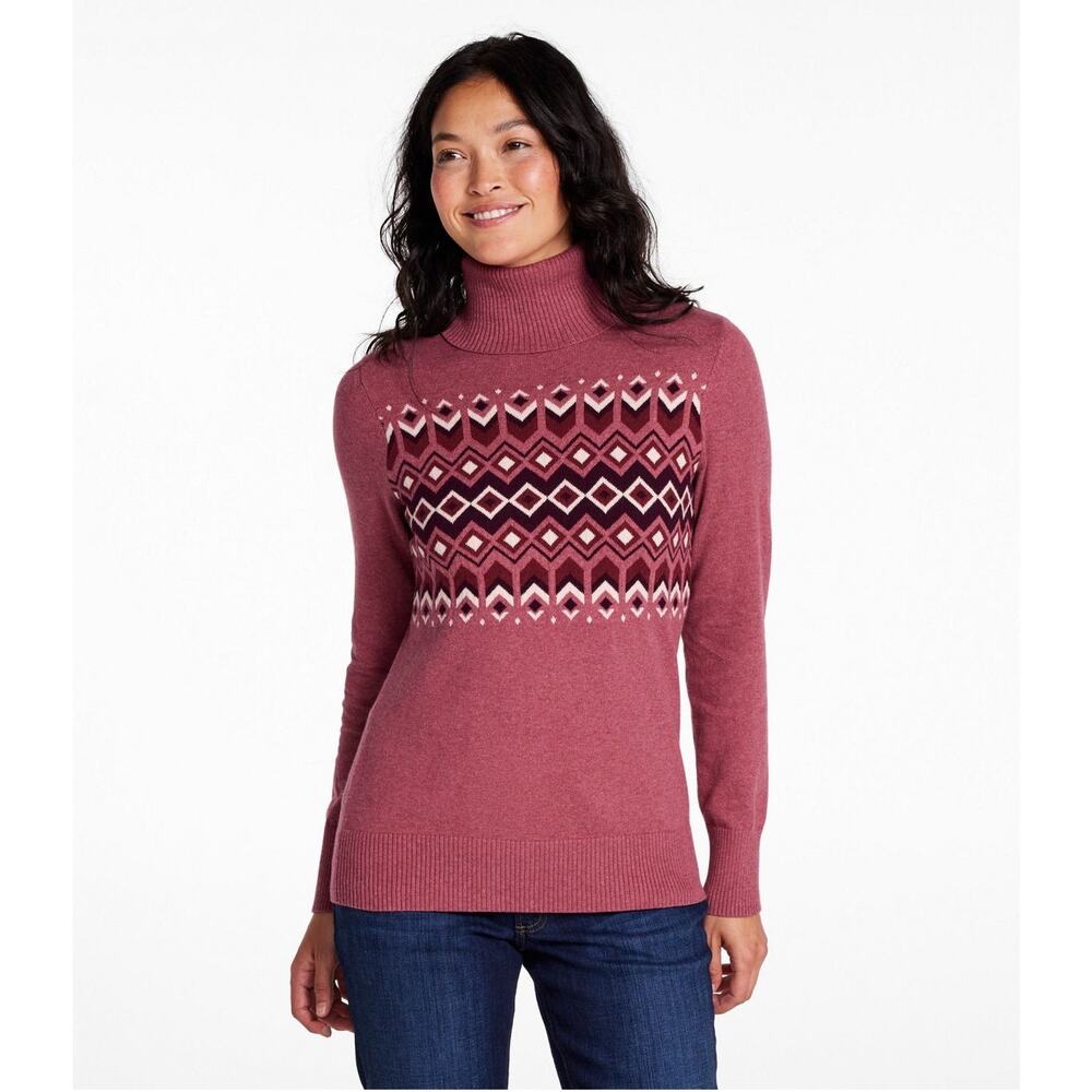L.L Bean Women's Cotton Cashmere Fair Isle Turtleneck L Petite Sweater Plum Rose